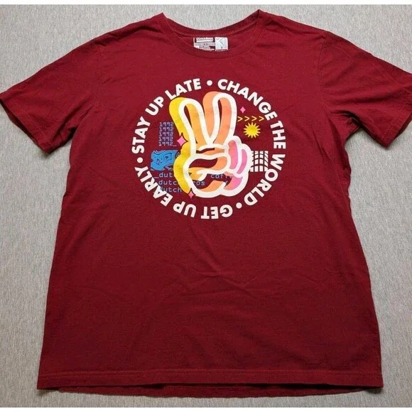 Dutch Bros Coffee Men Shirt XL Red Peace Sign Stay Up late Change the World - Picture 1 of 7